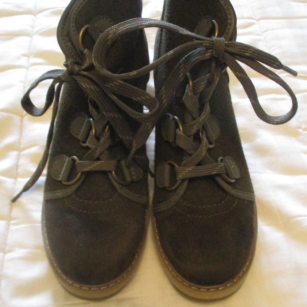 Lace Army Green Wedge Booties